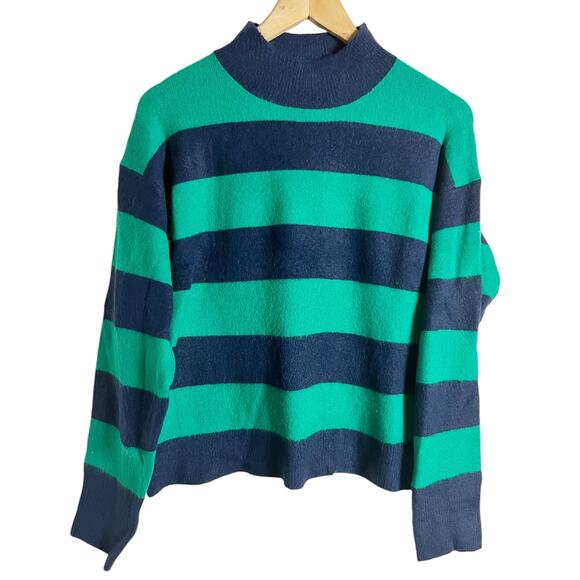 J.Crew Navy Blue Teal Rugby Stripe Mockneck Long Sleeve Pullover Sweater Size S - Picture 2 of 12